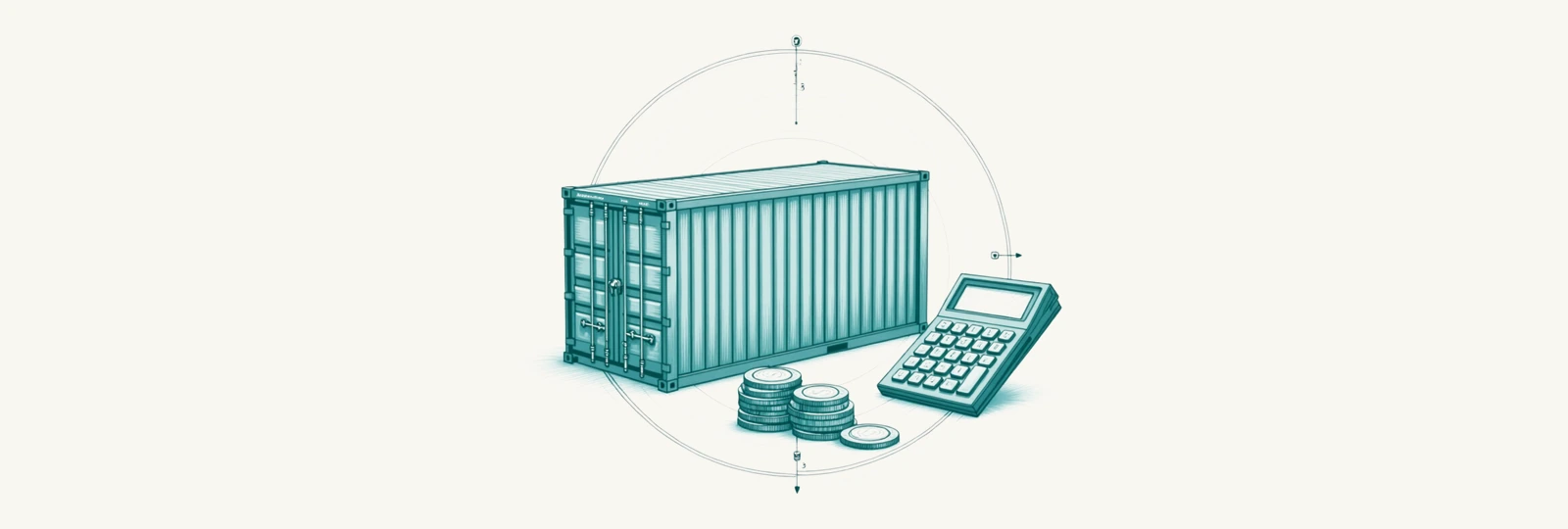 A line-art shipping container beside a calculator and a stack of coins
