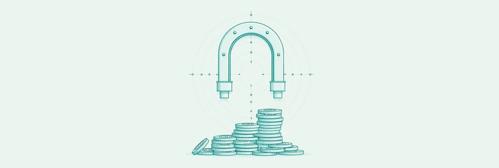 A line-art horseshoe magnet drawing coins back, beside a rising stack of coins