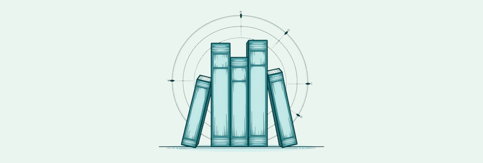 A line-art row of five books standing upright between two bookends