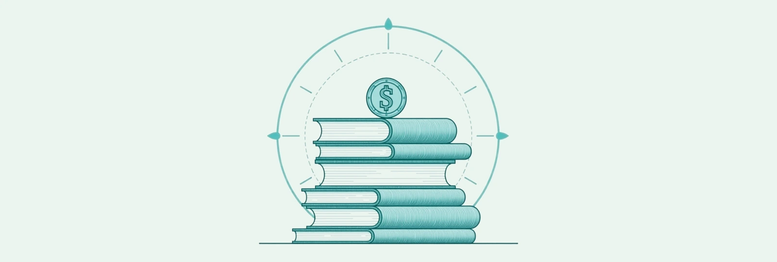 A line-art stack of books with a coin on top