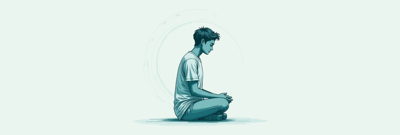 A line-art figure seated in a calm meditation pose