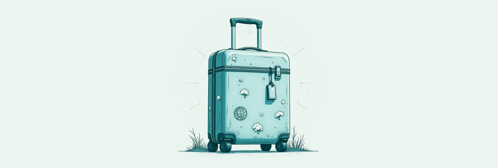 A line-art vintage travel suitcase with stickers