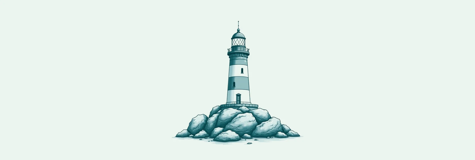 A line-art lighthouse on a rocky point