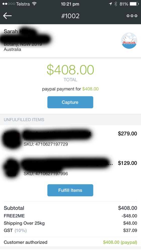 The actual notification from my very first sale. Order #1002, $408.